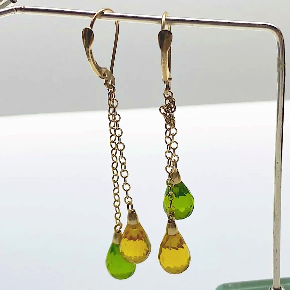 Solid 10k Yellow Gold Citrine & Green Peridot Lever Back Dangle Earrings